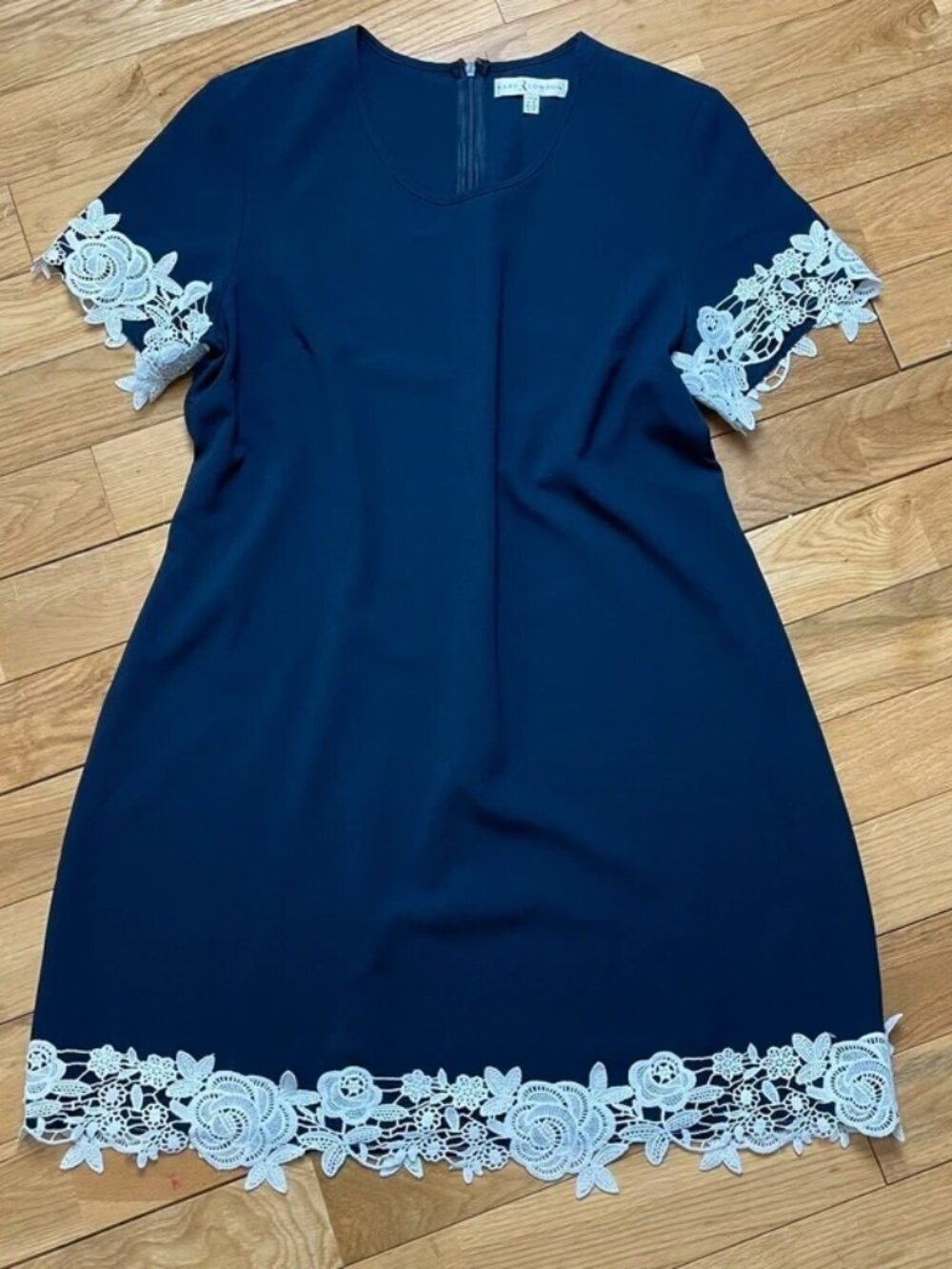 Rare London navy lace trim dress size 14 shift wedding guest elegant